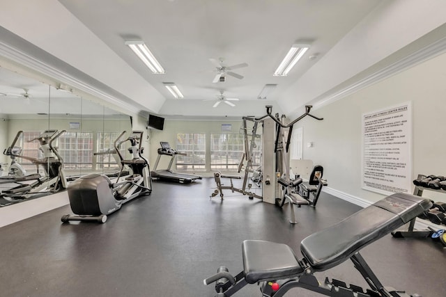 workout area with ceiling fan