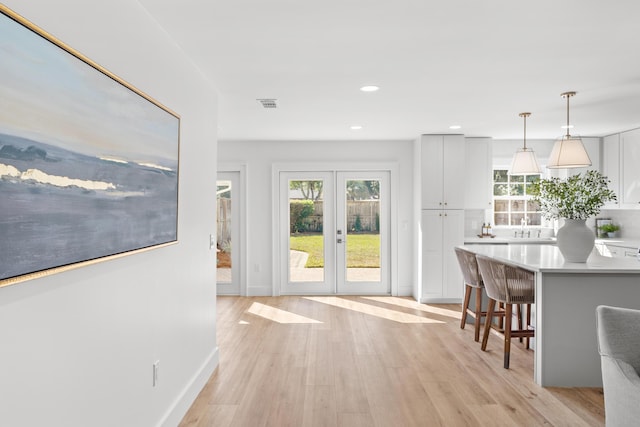 doorway to outside featuring light wood-style flooring, plenty of natural light, and a sink