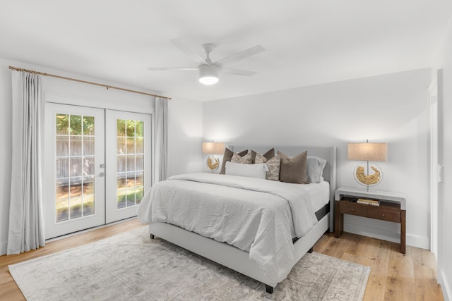 bedroom featuring a ceiling fan, french doors, light wood-type flooring, baseboards, and access to outside