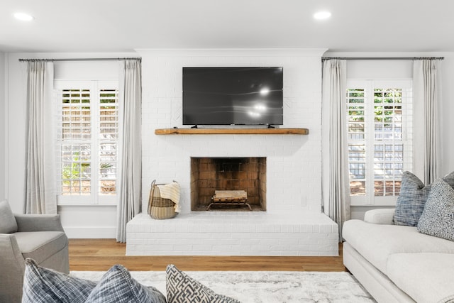 living room featuring a fireplace and hardwood / wood-style floors