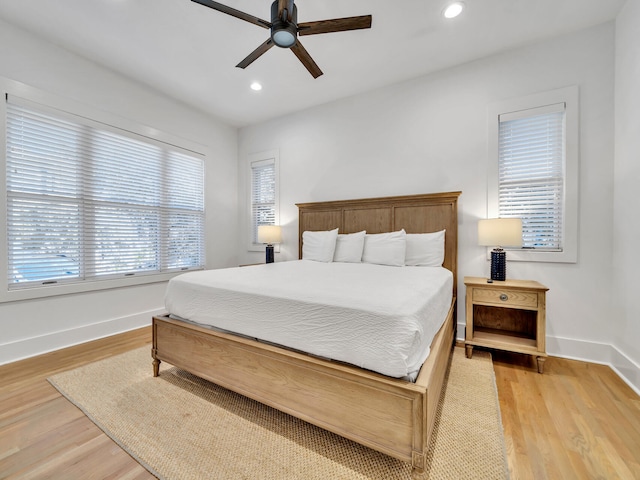 147 Silver Laurel Way, Santa Rosa Beach, FL 32459 - bedroom featuring baseboards, ceiling fan, light wood finished floors, and recessed lighting
