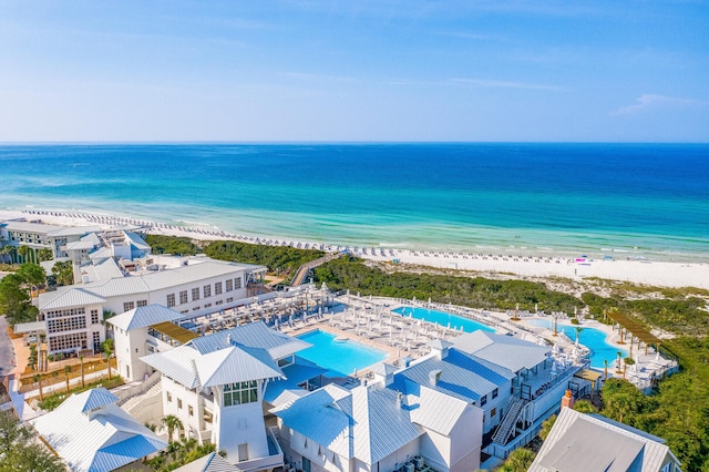 bird's eye view with a view of the beach and a water view