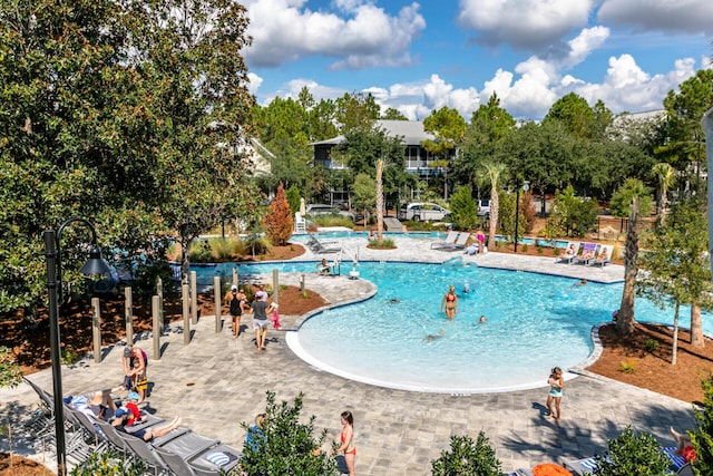 view of swimming pool with a patio