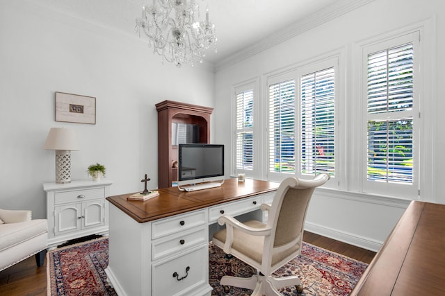 office space with ornamental molding, dark hardwood / wood-style floors, and a notable chandelier