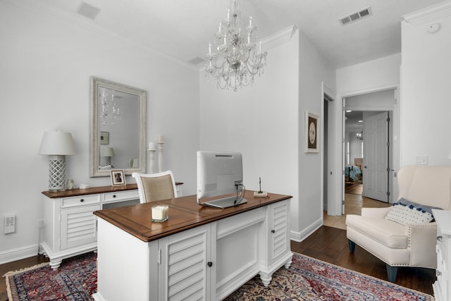 office space with ornamental molding, a notable chandelier, and dark hardwood / wood-style flooring