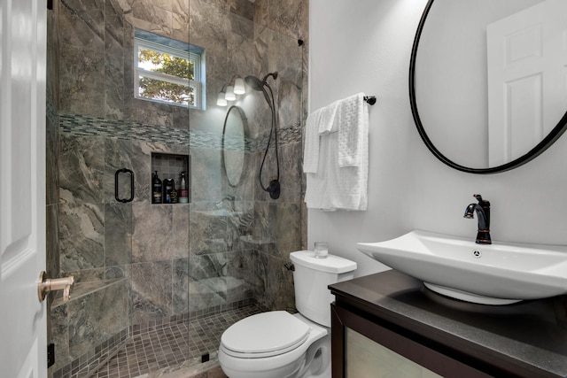 bathroom with vanity, toilet, and a shower with shower door