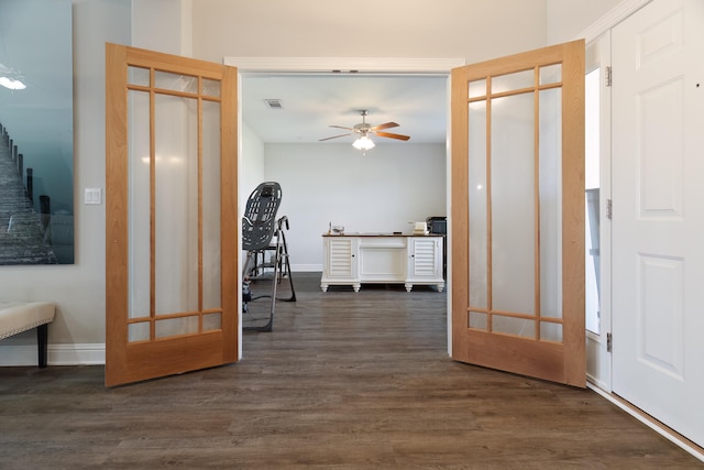 entryway featuring french doors, dark hardwood / wood-style floors, and ceiling fan