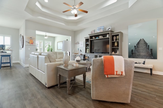 living room with a healthy amount of sunlight, a tray ceiling, and dark hardwood / wood-style flooring