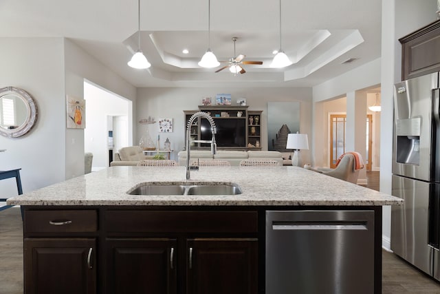 kitchen with appliances with stainless steel finishes, sink, a tray ceiling, dark hardwood / wood-style flooring, and pendant lighting