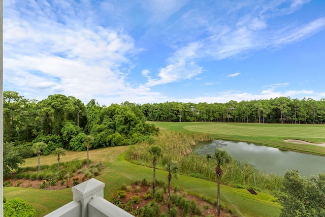 view of home's community with a water view and a lawn