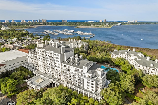 birds eye view of property featuring a water view