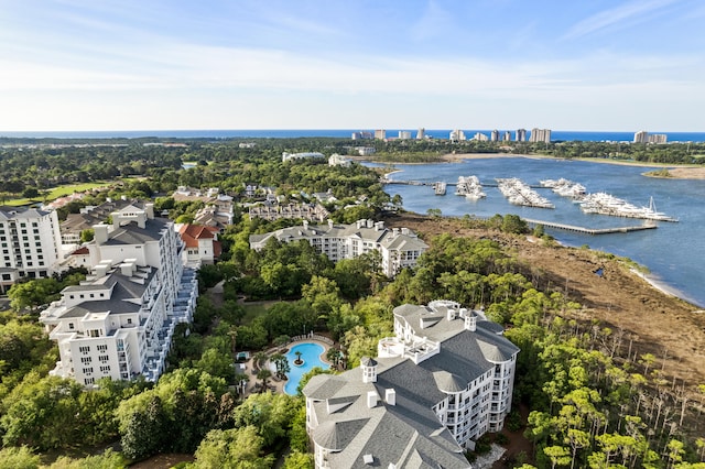 birds eye view of property featuring a water view