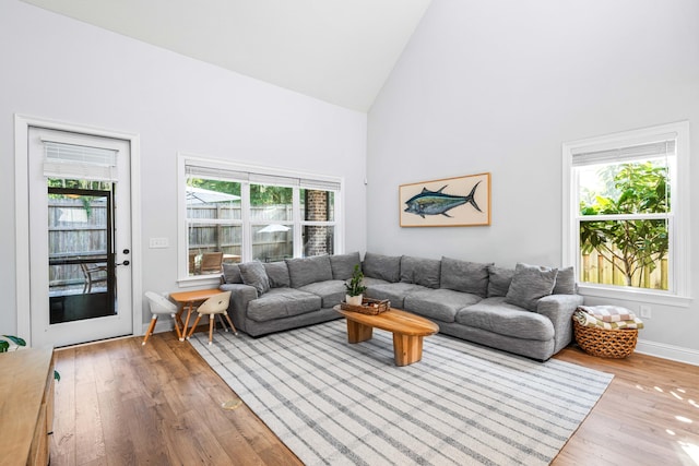 living room with high vaulted ceiling, light wood-type flooring, and plenty of natural light