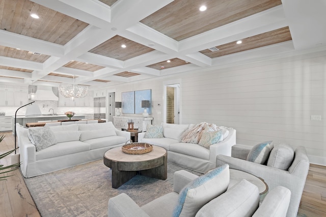 living room with beamed ceiling, wood walls, a chandelier, coffered ceiling, and light wood-type flooring