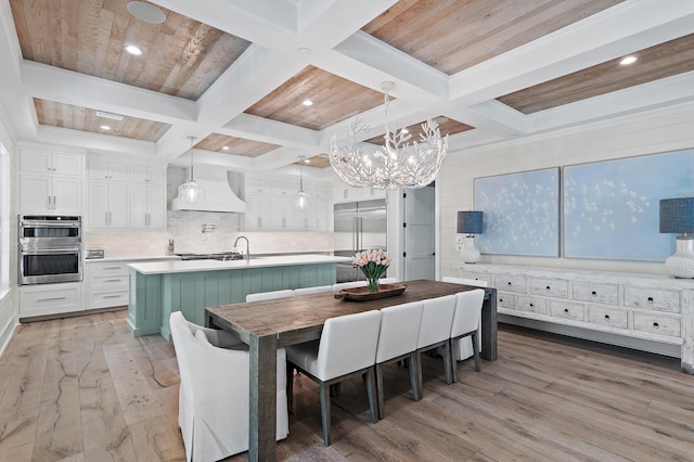 kitchen with custom exhaust hood, a large island, appliances with stainless steel finishes, and white cabinetry