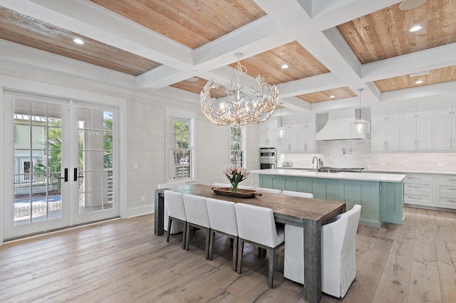 dining space with coffered ceiling, beamed ceiling, light wood-type flooring, and wood ceiling