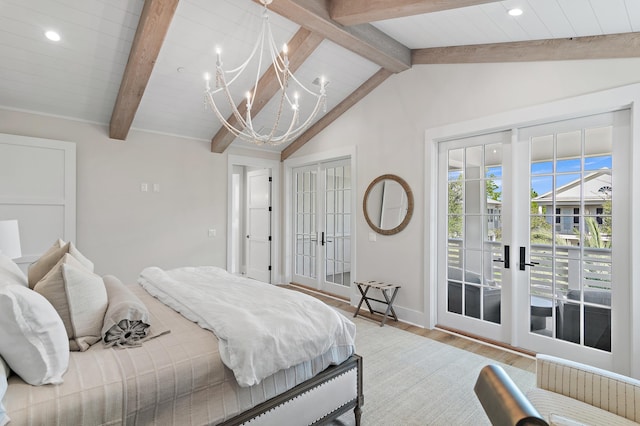 bedroom featuring light hardwood / wood-style floors, an inviting chandelier, french doors, vaulted ceiling with beams, and access to outside