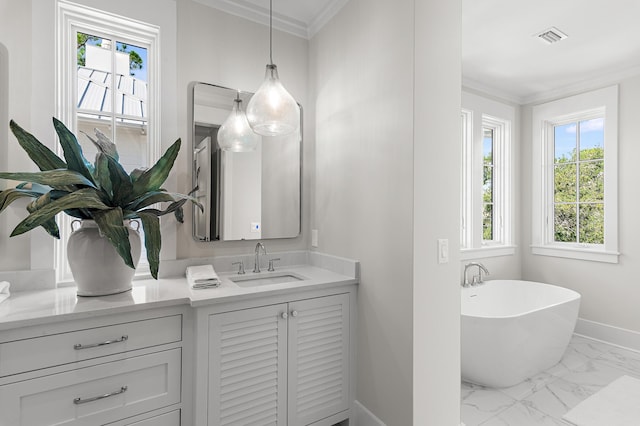 bathroom with vanity, a tub to relax in, and crown molding