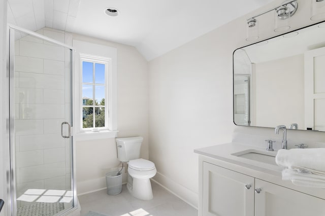 bathroom featuring vaulted ceiling, a shower with shower door, vanity, and toilet