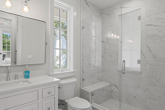 bathroom featuring vanity, toilet, an enclosed shower, and a wealth of natural light