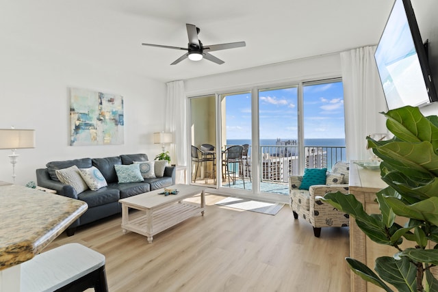 living room with ceiling fan and light hardwood / wood-style flooring