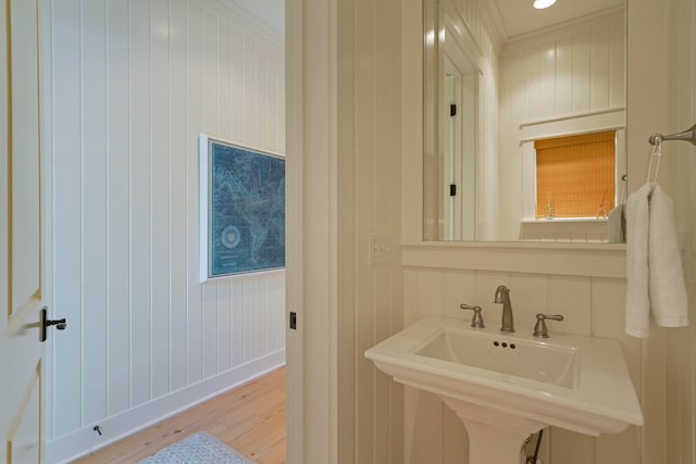 bathroom with wood walls, sink, and hardwood / wood-style flooring