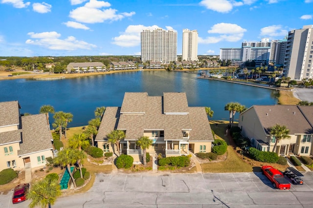 aerial view featuring a water view