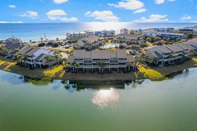 drone / aerial view featuring a water view