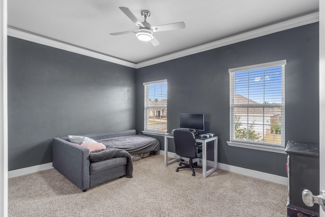 carpeted bedroom with ceiling fan, ornamental molding, and multiple windows