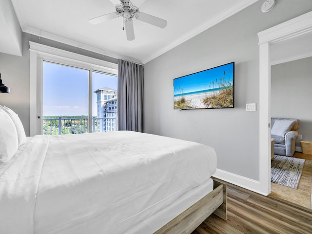 bedroom with access to exterior, crown molding, ceiling fan, and dark hardwood / wood-style flooring