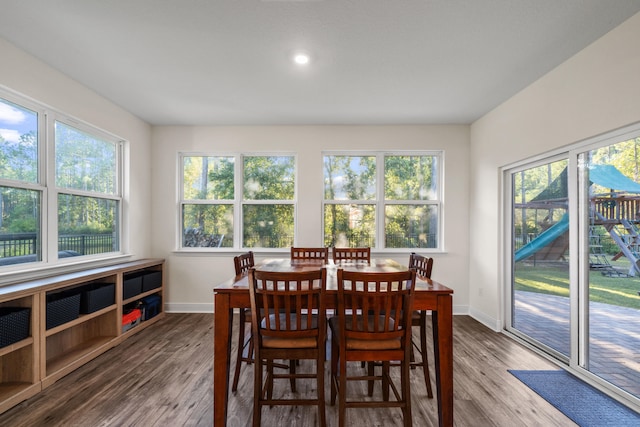 dining space with wood-type flooring and a healthy amount of sunlight