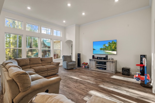 living room with ornamental molding, a towering ceiling, and hardwood / wood-style floors