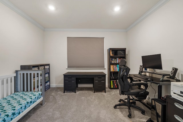 office with ornamental molding and carpet flooring