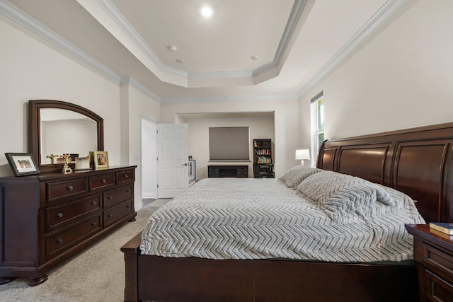 carpeted bedroom with ornamental molding