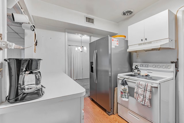 kitchen with light wood-type flooring, white electric stove, white cabinets, stainless steel fridge with ice dispenser, and pendant lighting