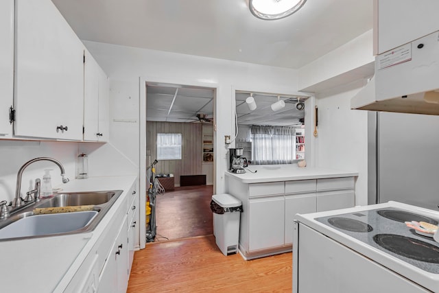 kitchen featuring white range with electric stovetop, sink, white cabinets, ceiling fan, and light hardwood / wood-style flooring