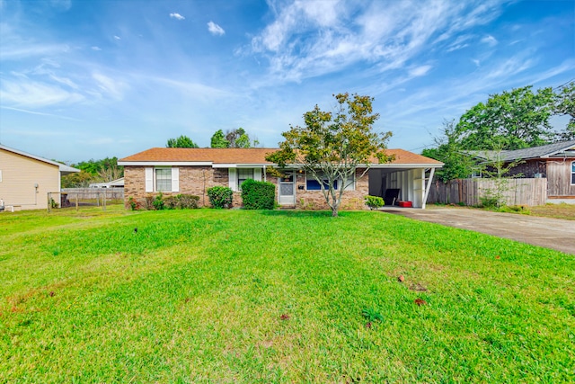 ranch-style house featuring a front yard and a carport