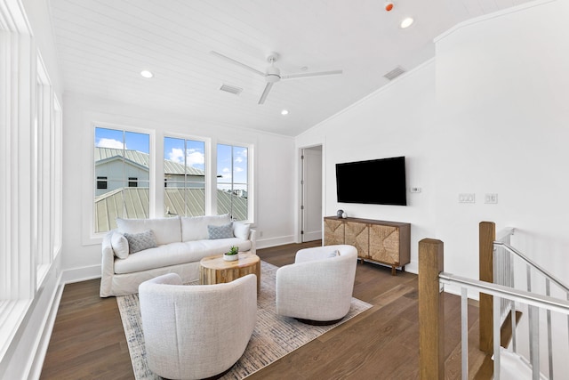 living room featuring ceiling fan, crown molding, vaulted ceiling, and dark hardwood / wood-style flooring