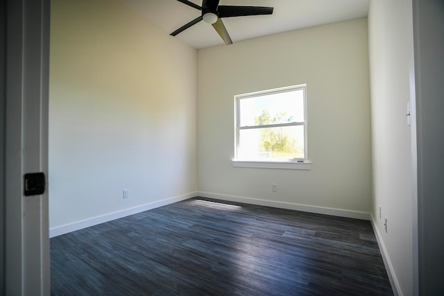 empty room with ceiling fan and dark wood-type flooring