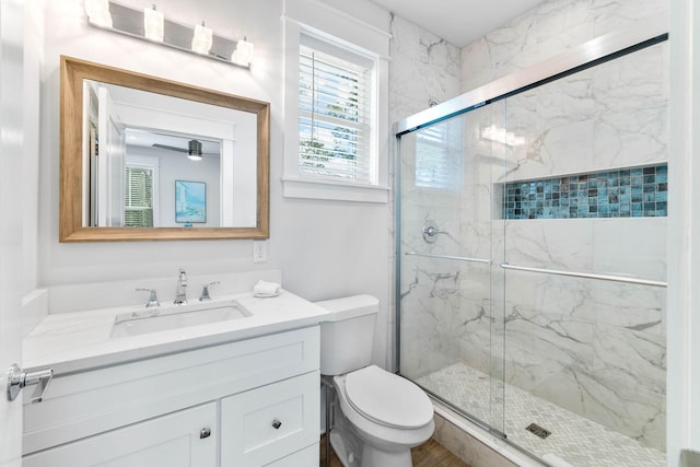 bathroom with vanity, a shower with shower door, and toilet