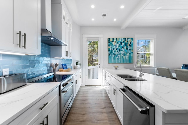 kitchen featuring stainless steel appliances, a wealth of natural light, wall chimney range hood, and sink