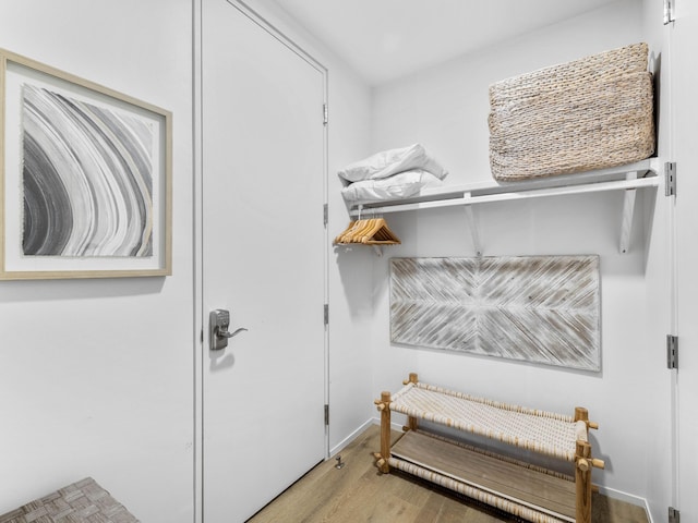 clothes washing area with light hardwood / wood-style floors