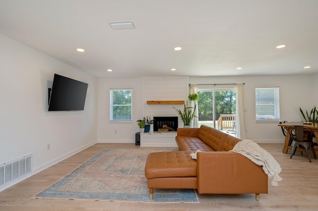 living room featuring light hardwood / wood-style floors and a fireplace