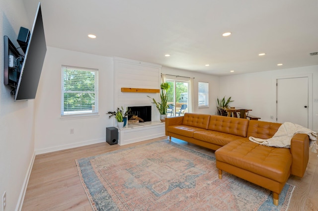 living room with light hardwood / wood-style flooring and a fireplace