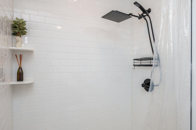 interior details with a shower with curtain