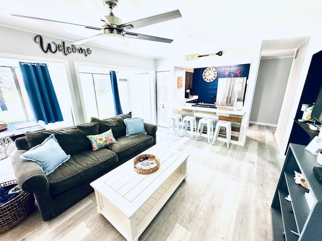 living room with light hardwood / wood-style floors and ceiling fan