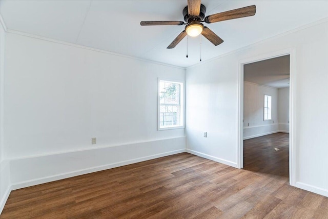 unfurnished room featuring crown molding, ceiling fan, and wood-type flooring