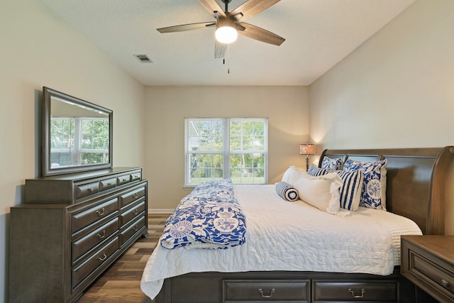 bedroom featuring ceiling fan, a textured ceiling, dark hardwood / wood-style floors, and multiple windows