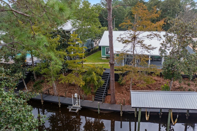 exterior space with a water view