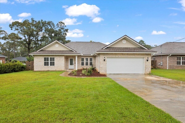 single story home featuring a front lawn and a garage